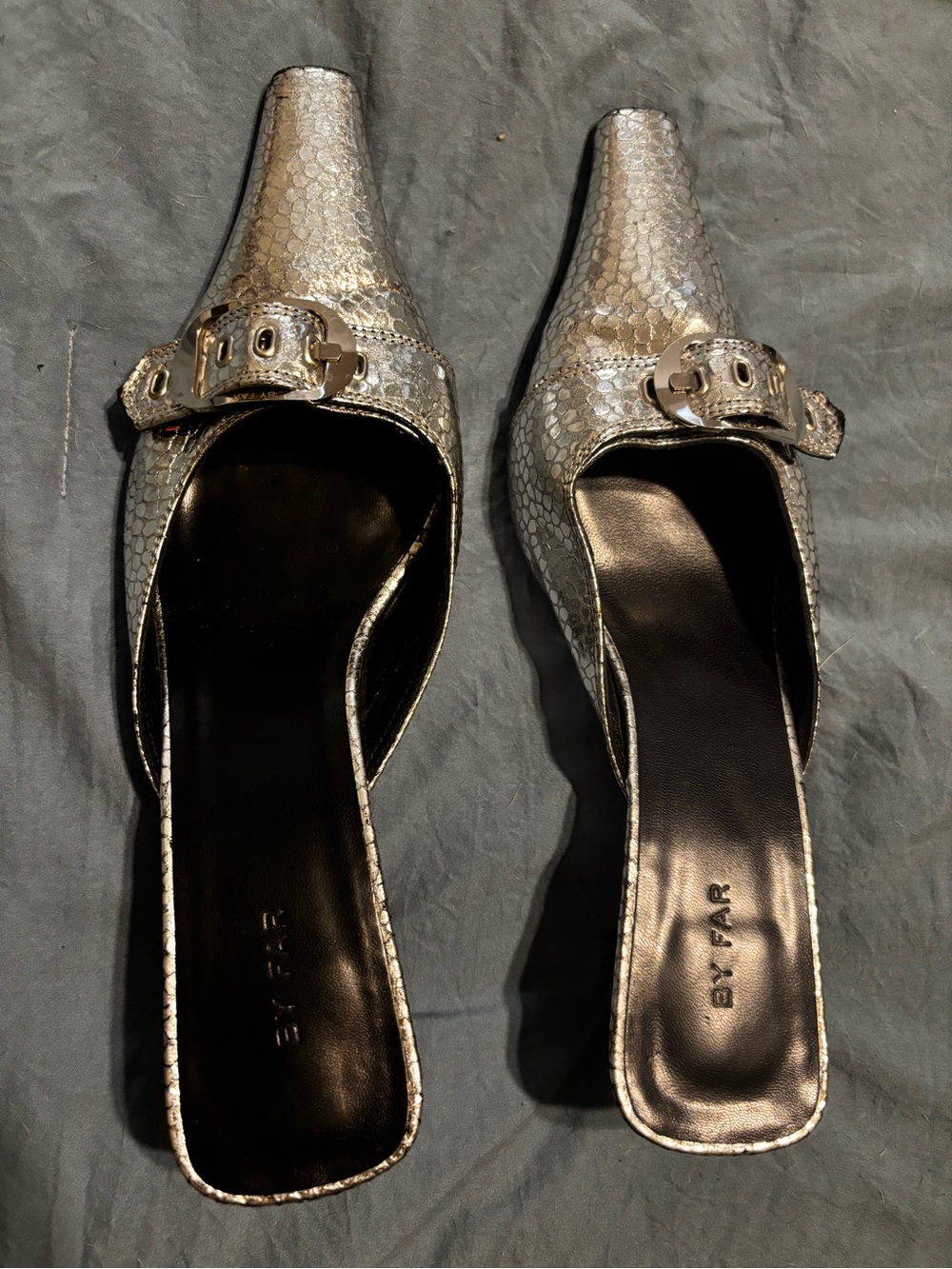 BY FAR Metallic Silver Snake-Embossed Mule Slides with Buckle